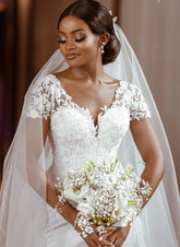 Luxurious White Long Tulle Lace V-neck Mermaid Wedding Dresses